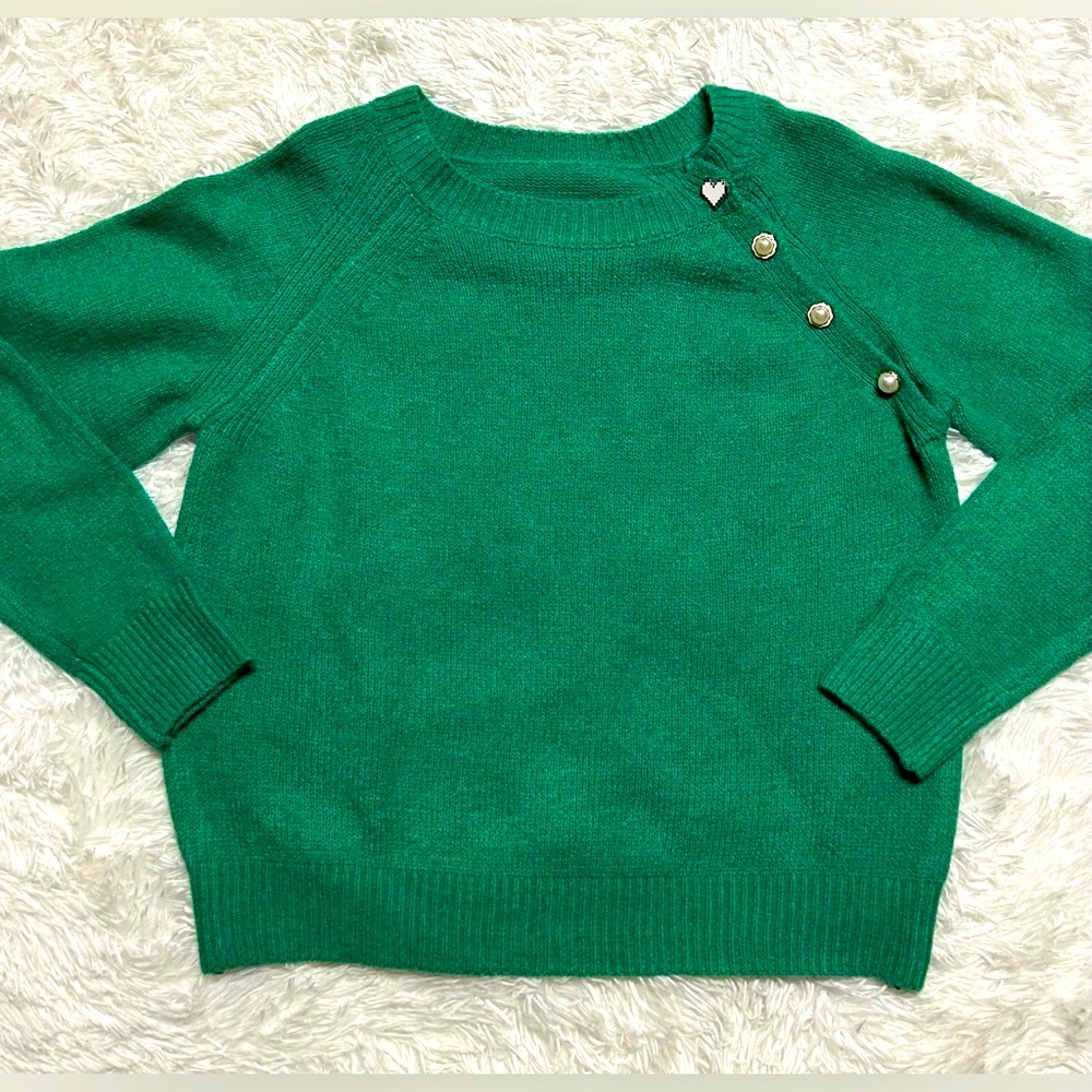Emerald Green Crew Neck Sweater with Button Accents